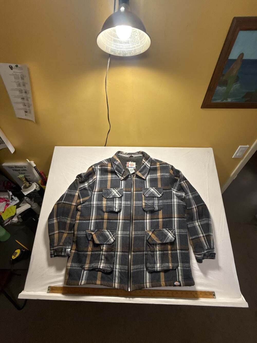 Dickies Sherpa Lined Plaid Flannel Jacket Size 3XL Gray Brown Zip Work Coat